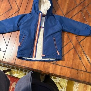 Mini Boden Boys Blue Jacket fleece lined , mid weight with Hood! Think spring
